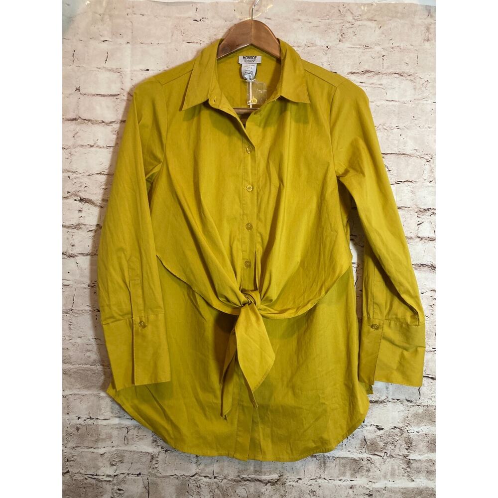 Monroe‎ & Main Top Womens Small Mustard Yellow Tie Front Button Up Career Cotton